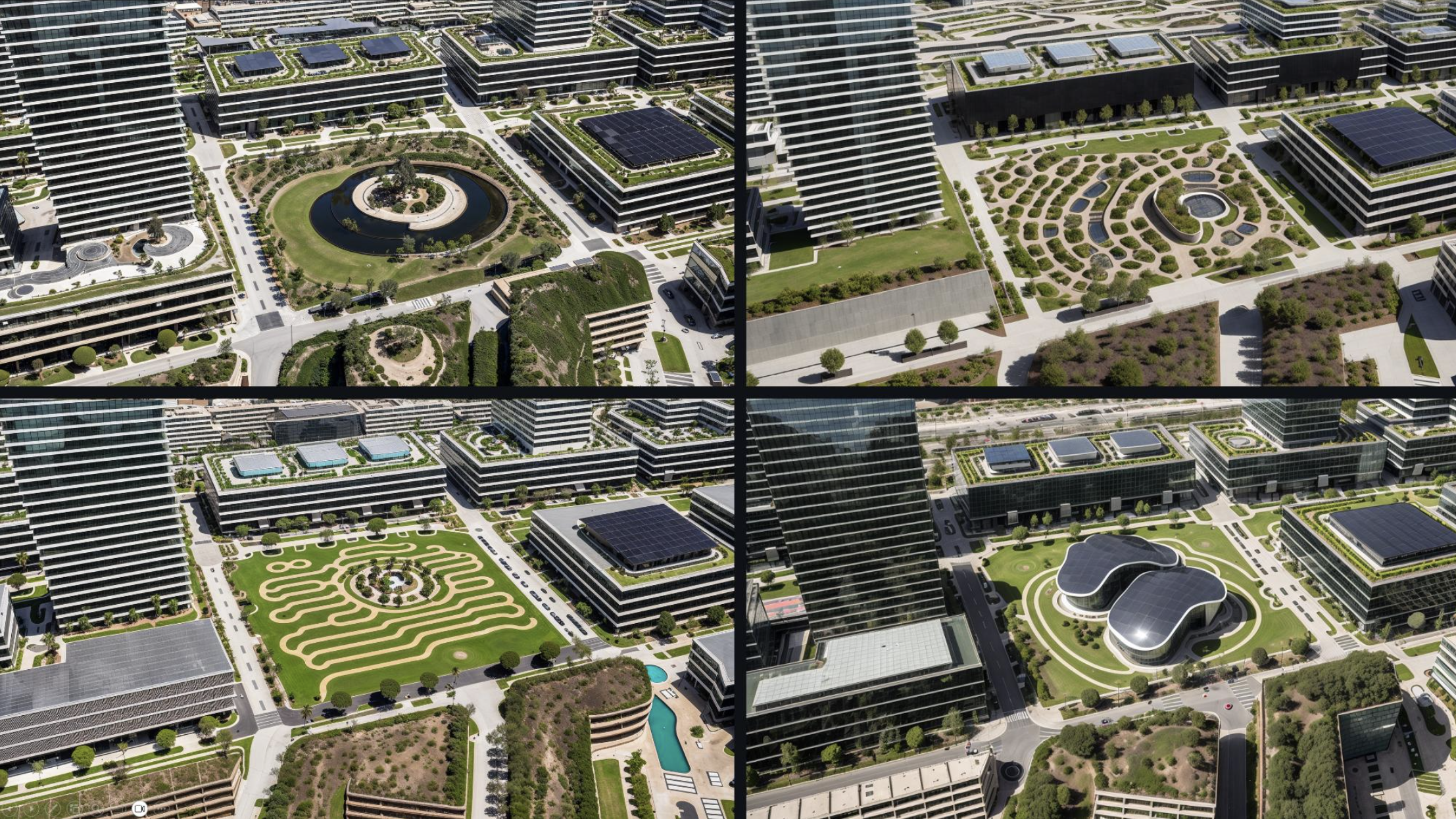 Four images depicting different design proposals for an urban green space